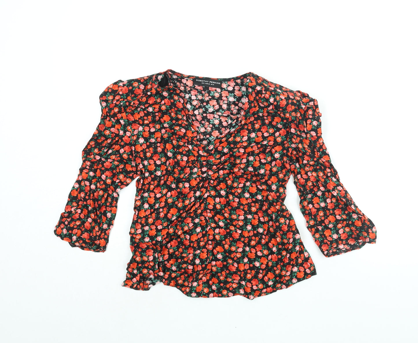 Dorothy Perkins Womens Red Floral Viscose Basic Blouse Size 10 V-Neck - Rouched Belted