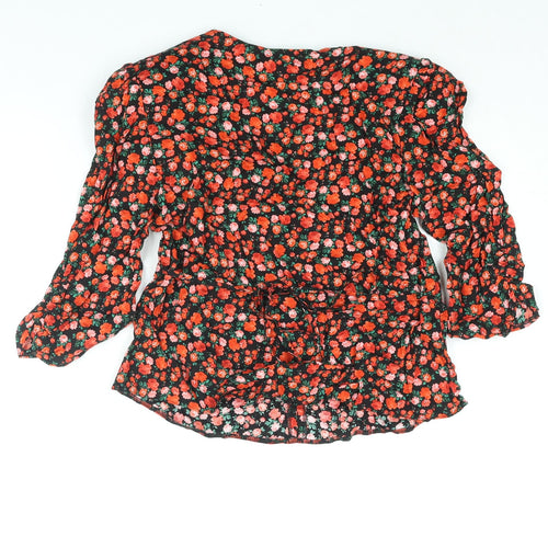 Dorothy Perkins Womens Red Floral Viscose Basic Blouse Size 10 V-Neck - Rouched Belted