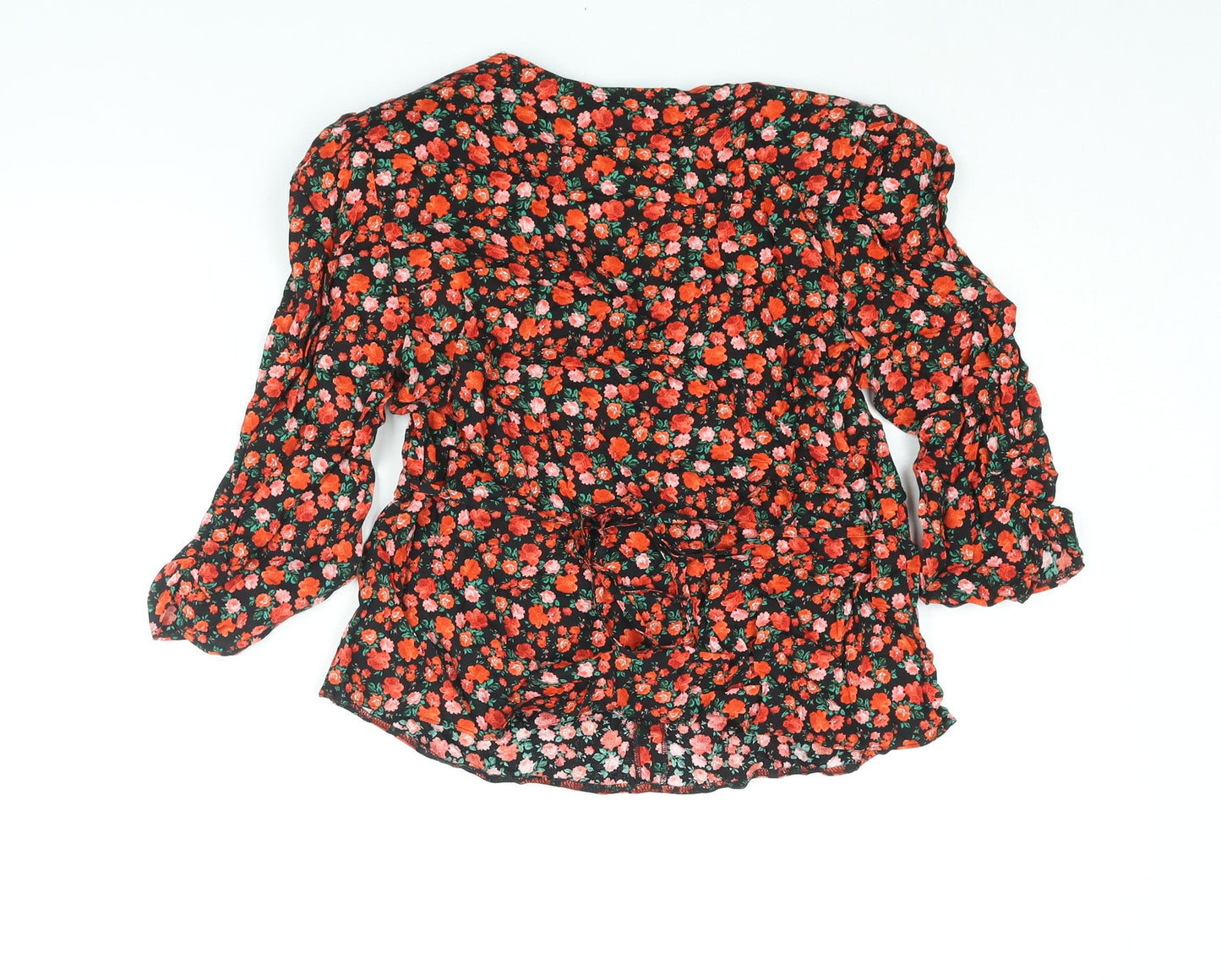 Dorothy Perkins Womens Red Floral Viscose Basic Blouse Size 10 V-Neck - Rouched Belted