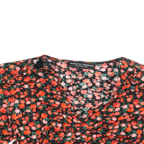 Dorothy Perkins Womens Red Floral Viscose Basic Blouse Size 10 V-Neck - Rouched Belted