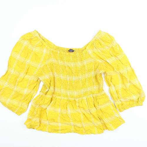 Marks and Spencer Womens Yellow Check Linen Basic Blouse Size 14 Square Neck - Rouched