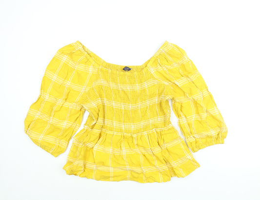 Marks and Spencer Womens Yellow Check Linen Basic Blouse Size 14 Square Neck - Rouched