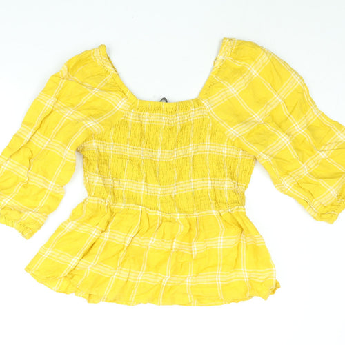 Marks and Spencer Womens Yellow Check Linen Basic Blouse Size 14 Square Neck - Rouched