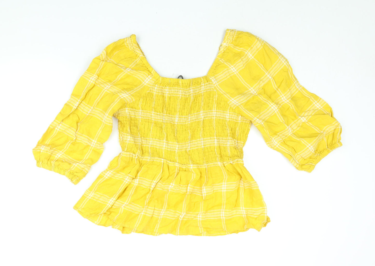 Marks and Spencer Womens Yellow Check Linen Basic Blouse Size 14 Square Neck - Rouched