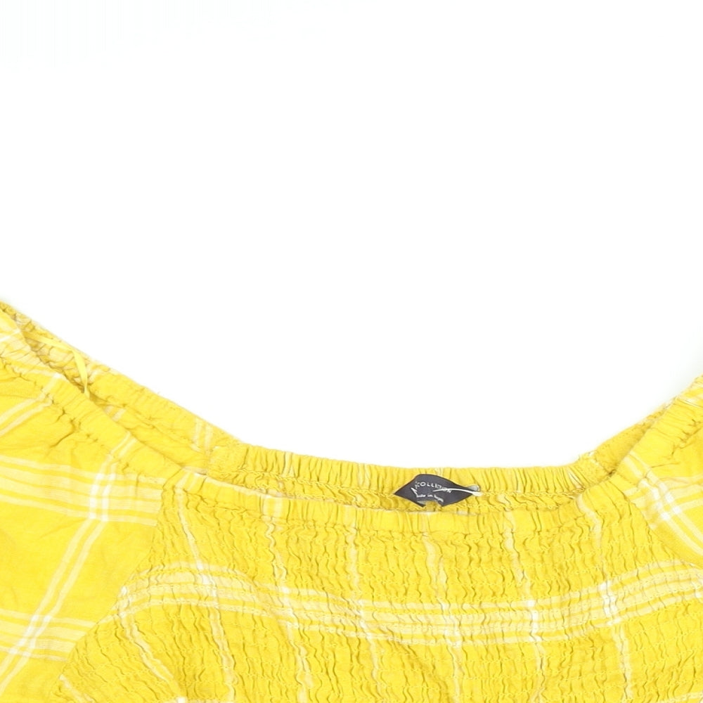 Marks and Spencer Womens Yellow Check Linen Basic Blouse Size 14 Square Neck - Rouched