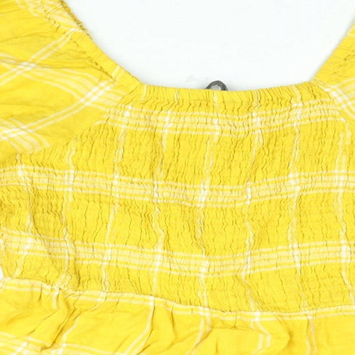 Marks and Spencer Womens Yellow Check Linen Basic Blouse Size 14 Square Neck - Rouched