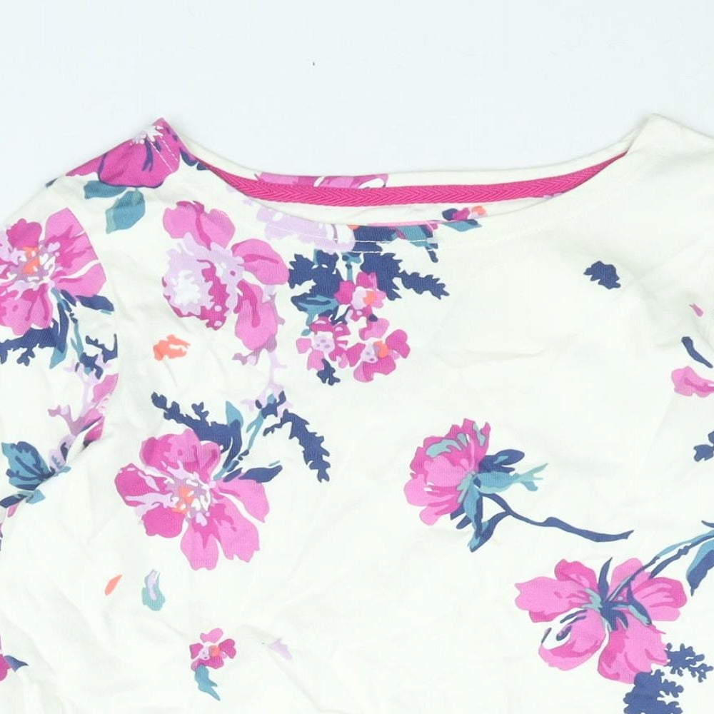 Joules Womens White Floral Cotton Basic Blouse Size 10 Round Neck