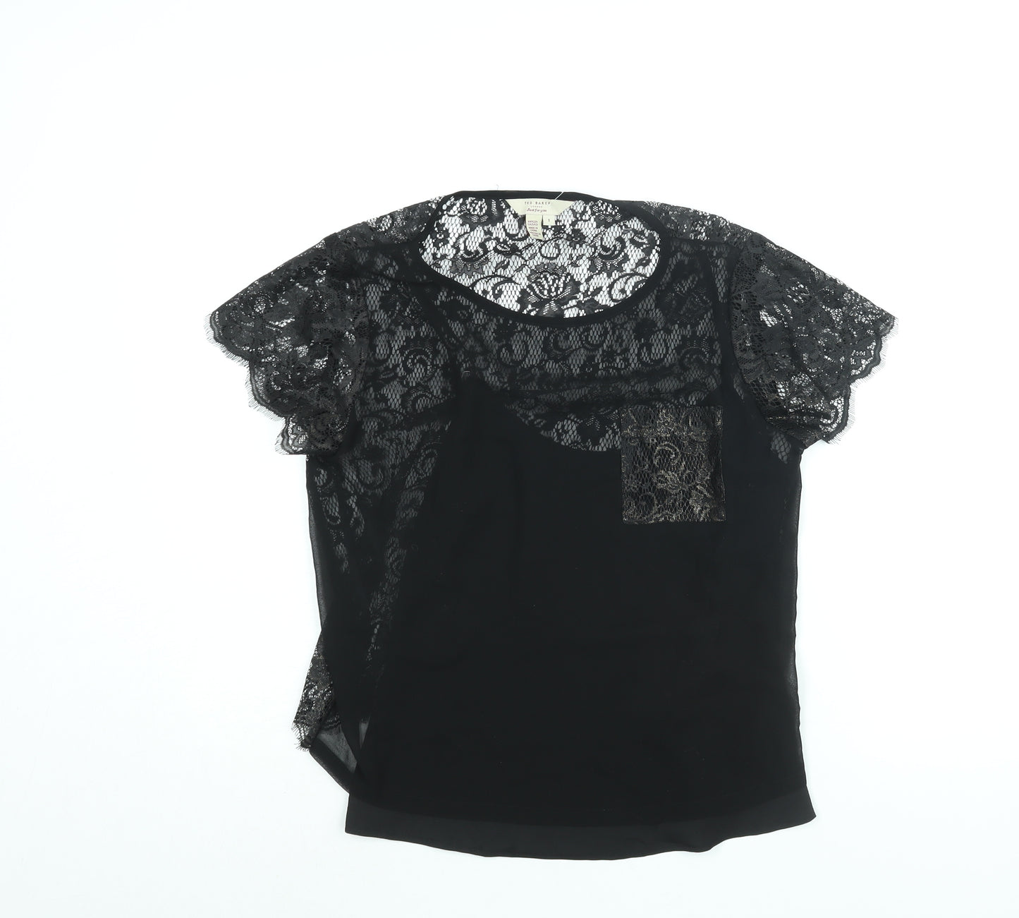 Ted Baker Womens Black Polyester Basic Blouse Size 6 Round Neck - Lace Back