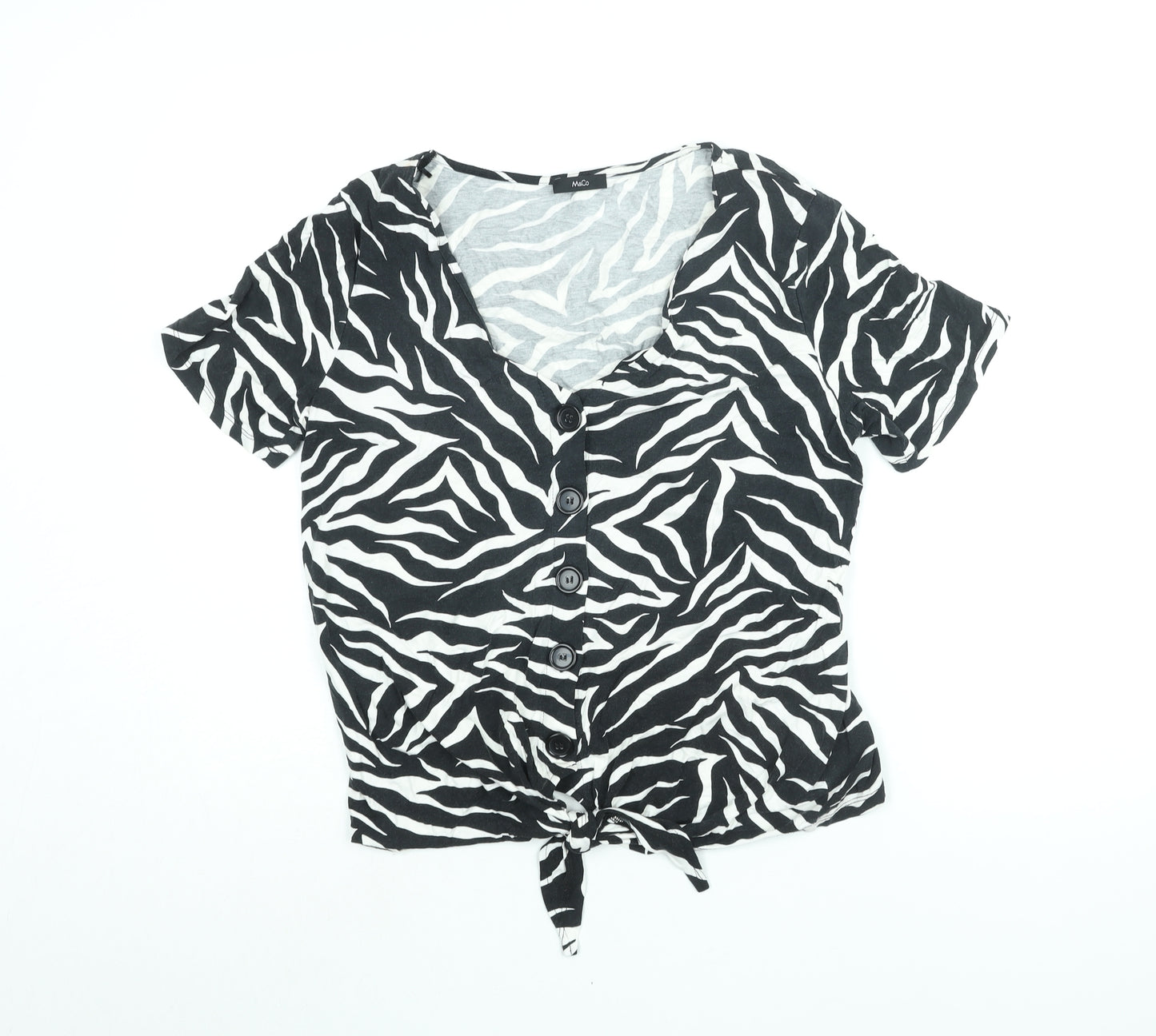 M&Co Womens Black Animal Print Viscose Basic Blouse Size 14 V-Neck - Zebra Print Tie Detail