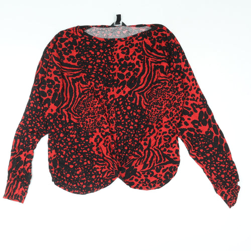 New Look Womens Red Animal Print Viscose Basic Blouse Size 14 Round Neck - Twist Detail