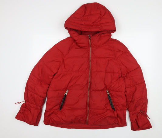 Zara Womens Red Puffer Jacket Coat Size M Zip