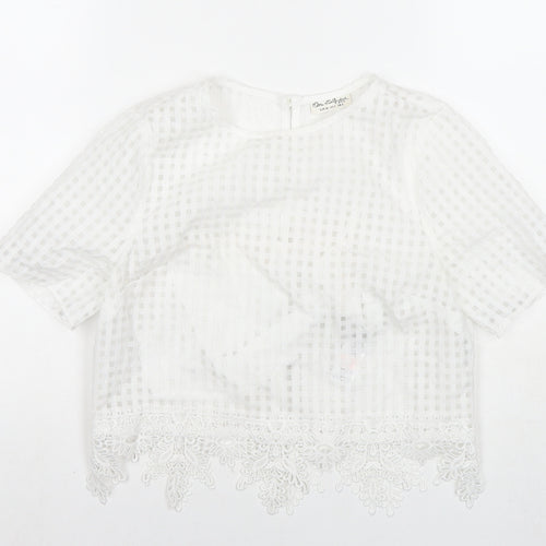 Miss Selfridge Womens White Check Polyester Basic Blouse Size 6 Round Neck