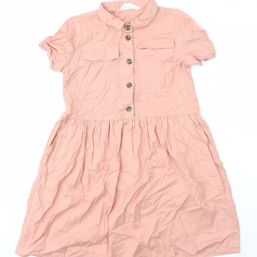 H&M Girls Pink 100% Cotton A-Line Size 9-10 Years Collared