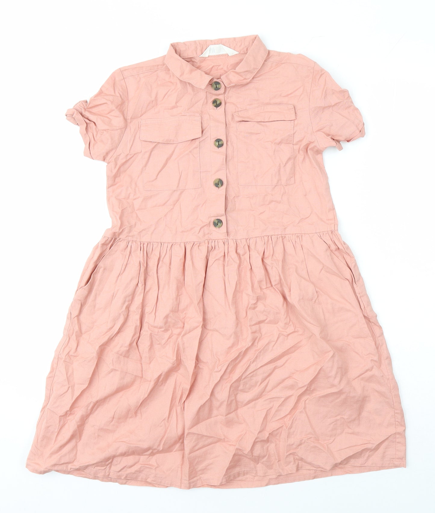 H&M Girls Pink 100% Cotton A-Line Size 9-10 Years Collared