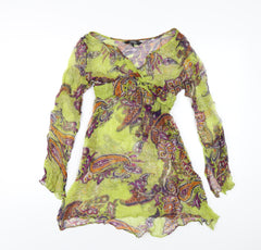 Julien Macdonald Womens Green Geometric Silk Basic Blouse Size 12 V-Neck