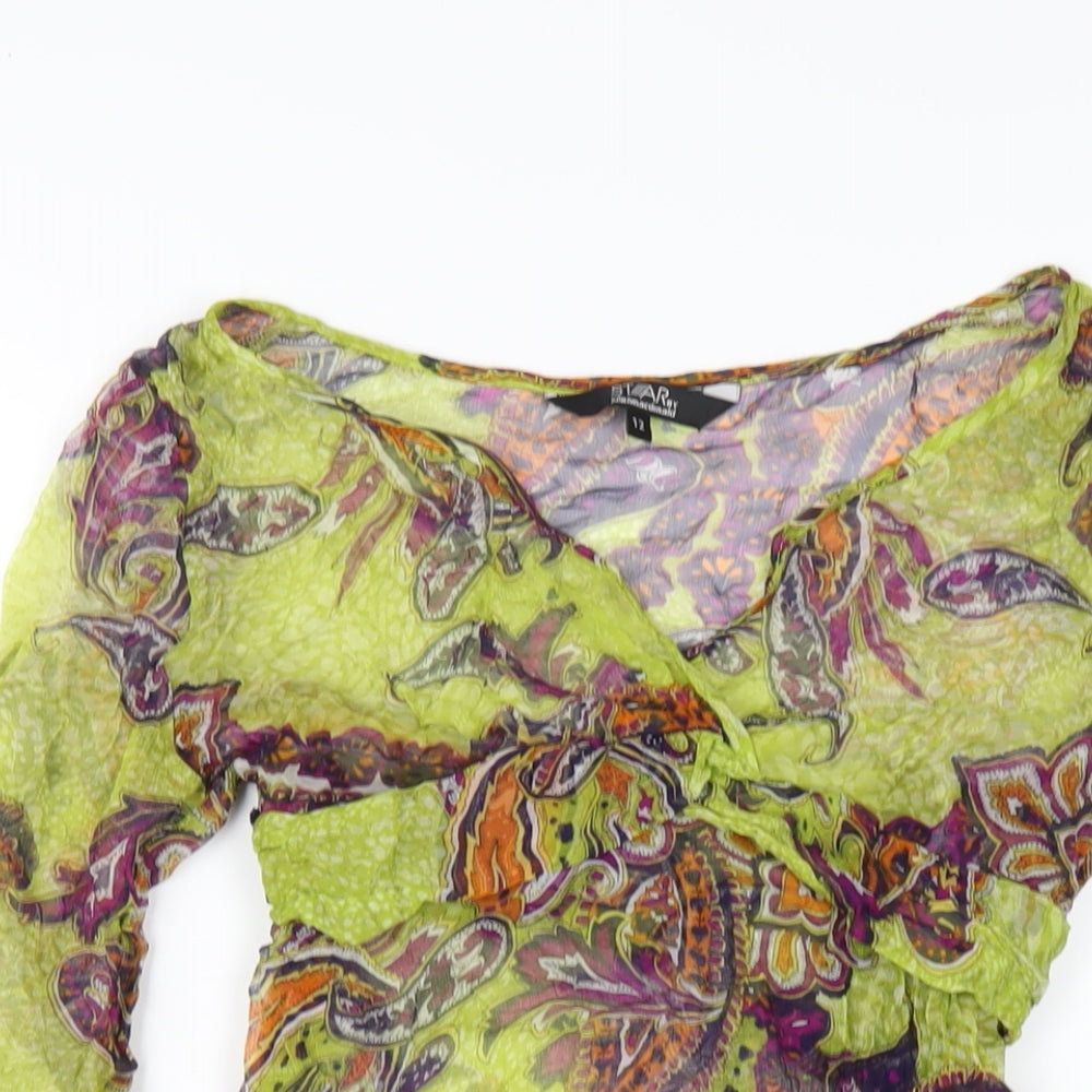 Julien Macdonald Womens Green Geometric Silk Basic Blouse Size 12 V-Neck