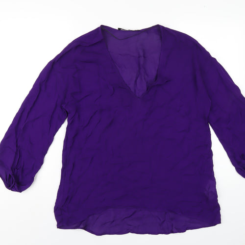 Zara Womens Purple Silk Basic Blouse Size M V-Neck