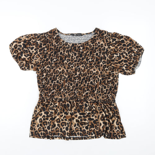 Zara Womens Brown Animal Print Polyester Basic T-Shirt Size L Round Neck