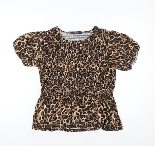 Zara Womens Brown Animal Print Polyester Basic T-Shirt Size L Round Neck