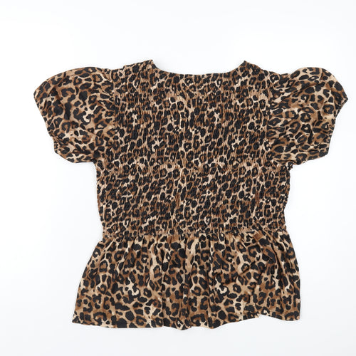 Zara Womens Brown Animal Print Polyester Basic T-Shirt Size L Round Neck