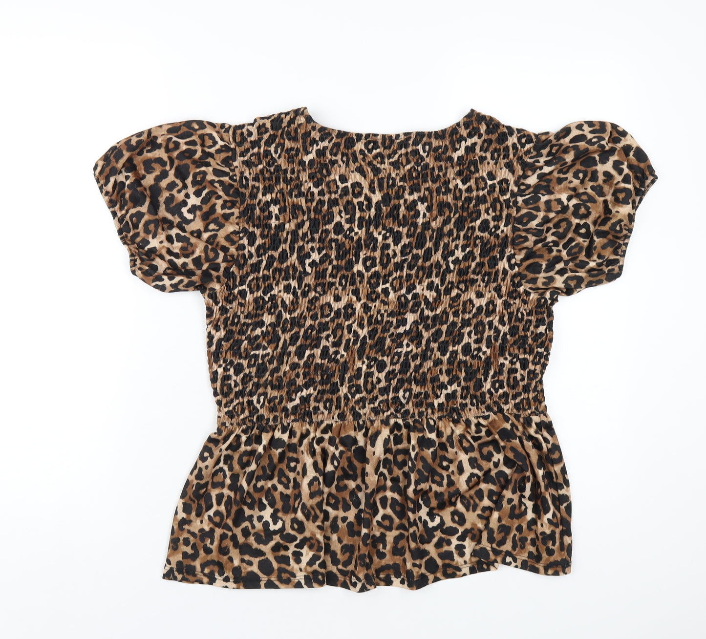 Zara Womens Brown Animal Print Polyester Basic T-Shirt Size L Round Neck