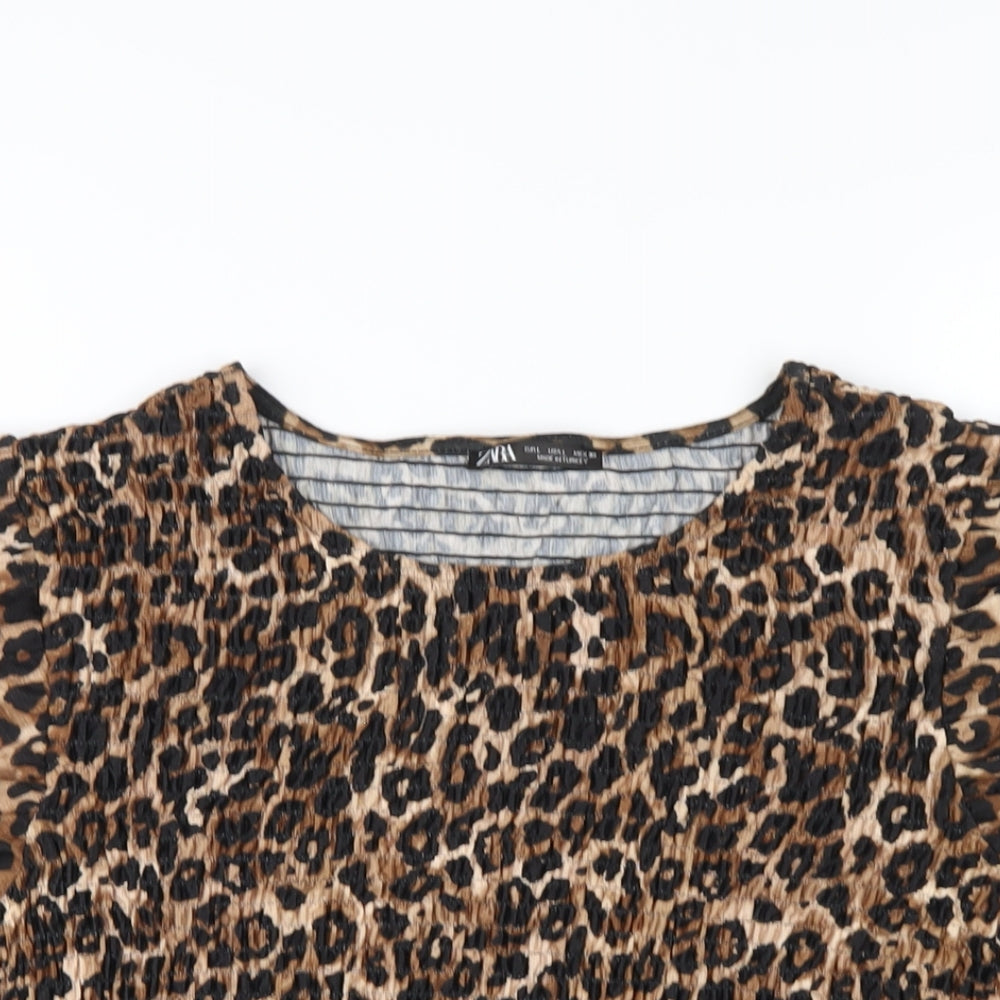 Zara Womens Brown Animal Print Polyester Basic T-Shirt Size L Round Neck