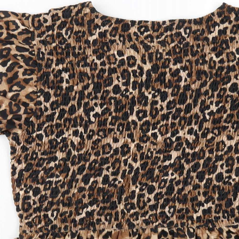 Zara Womens Brown Animal Print Polyester Basic T-Shirt Size L Round Neck