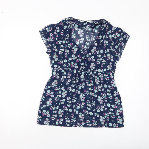 Editions Womens Blue Floral Polyester Basic Blouse Size 10 V-Neck