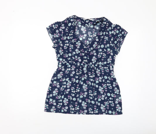 Editions Womens Blue Floral Polyester Basic Blouse Size 10 V-Neck