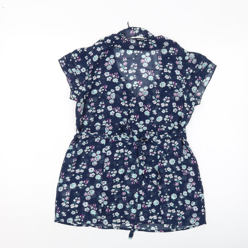 Editions Womens Blue Floral Polyester Basic Blouse Size 10 V-Neck