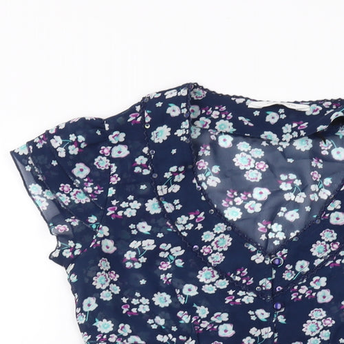 Editions Womens Blue Floral Polyester Basic Blouse Size 10 V-Neck