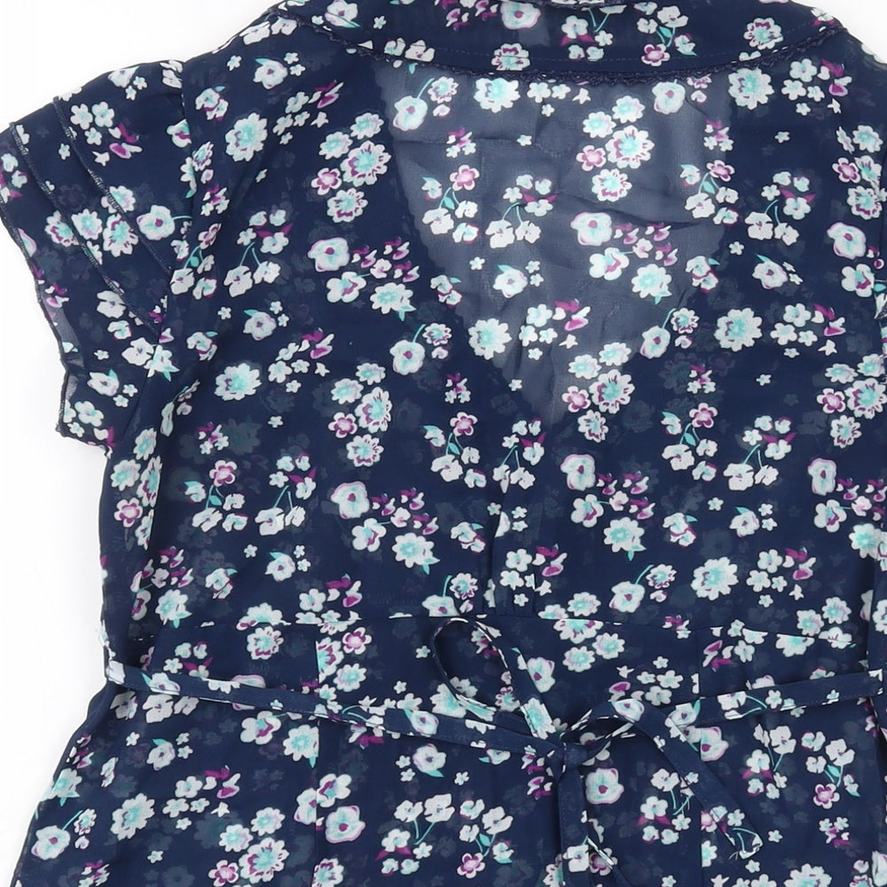 Editions Womens Blue Floral Polyester Basic Blouse Size 10 V-Neck