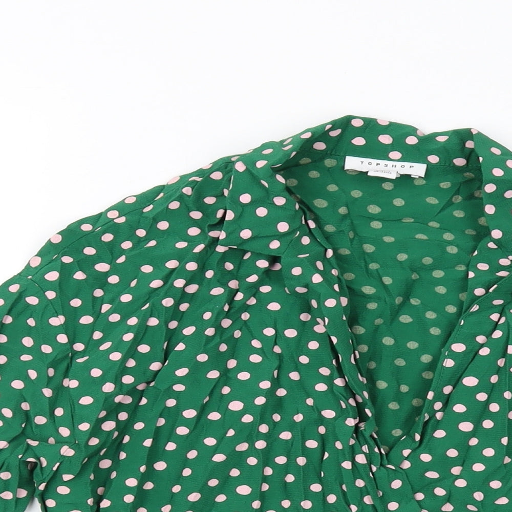 Topshop Womens Green Polka Dot Viscose Basic Blouse Size 10 V-Neck