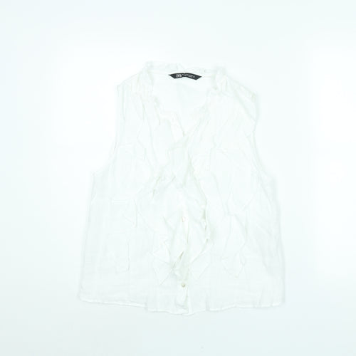 Zara Womens White Linen Camisole Blouse Size S V-Neck - Frill