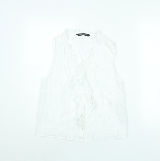 Zara Womens White Linen Camisole Blouse Size S V-Neck - Frill