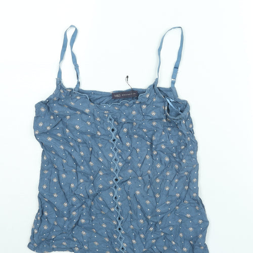 Marks and Spencer Womens Blue Geometric Viscose Camisole Blouse Size 8 Scoop Neck - Embroidered Cut Out Detail