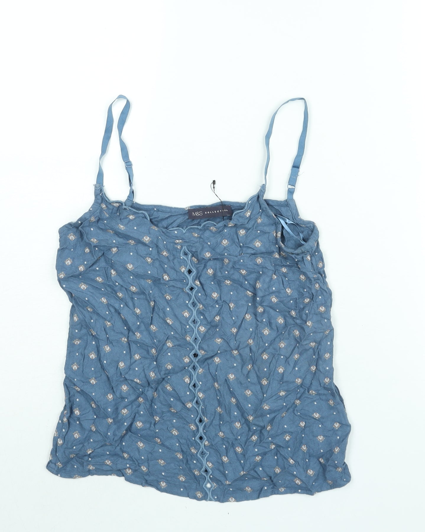 Marks and Spencer Womens Blue Geometric Viscose Camisole Blouse Size 8 Scoop Neck - Embroidered Cut Out Detail