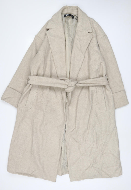 Zara Womens Beige Overcoat Coat Size M Button - Belted