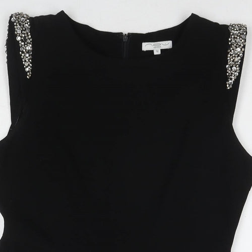 New Look Womens Black Polyester Tunic Blouse Size 12 Round Neck - Embellishment Detail