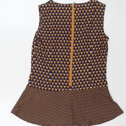 Max Womens Brown Geometric Polyester Basic Blouse Size 10 Round Neck