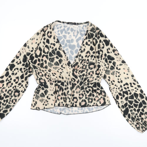 Boohoo Womens Beige Animal Print Polyester Wrap Blouse Size 8 V-Neck - Leopard Print