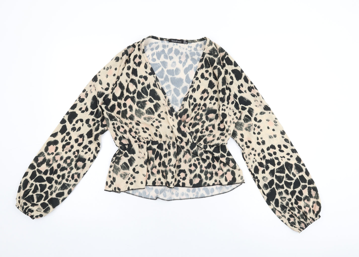 Boohoo Womens Beige Animal Print Polyester Wrap Blouse Size 8 V-Neck - Leopard Print