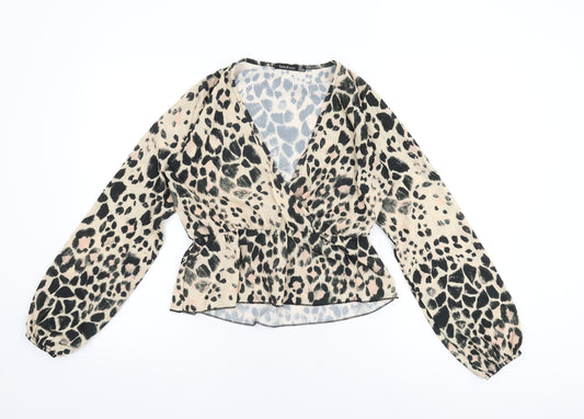 Boohoo Womens Beige Animal Print Polyester Wrap Blouse Size 8 V-Neck - Leopard Print