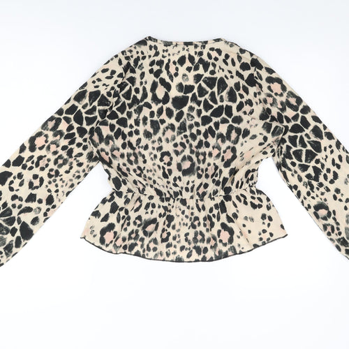 Boohoo Womens Beige Animal Print Polyester Wrap Blouse Size 8 V-Neck - Leopard Print