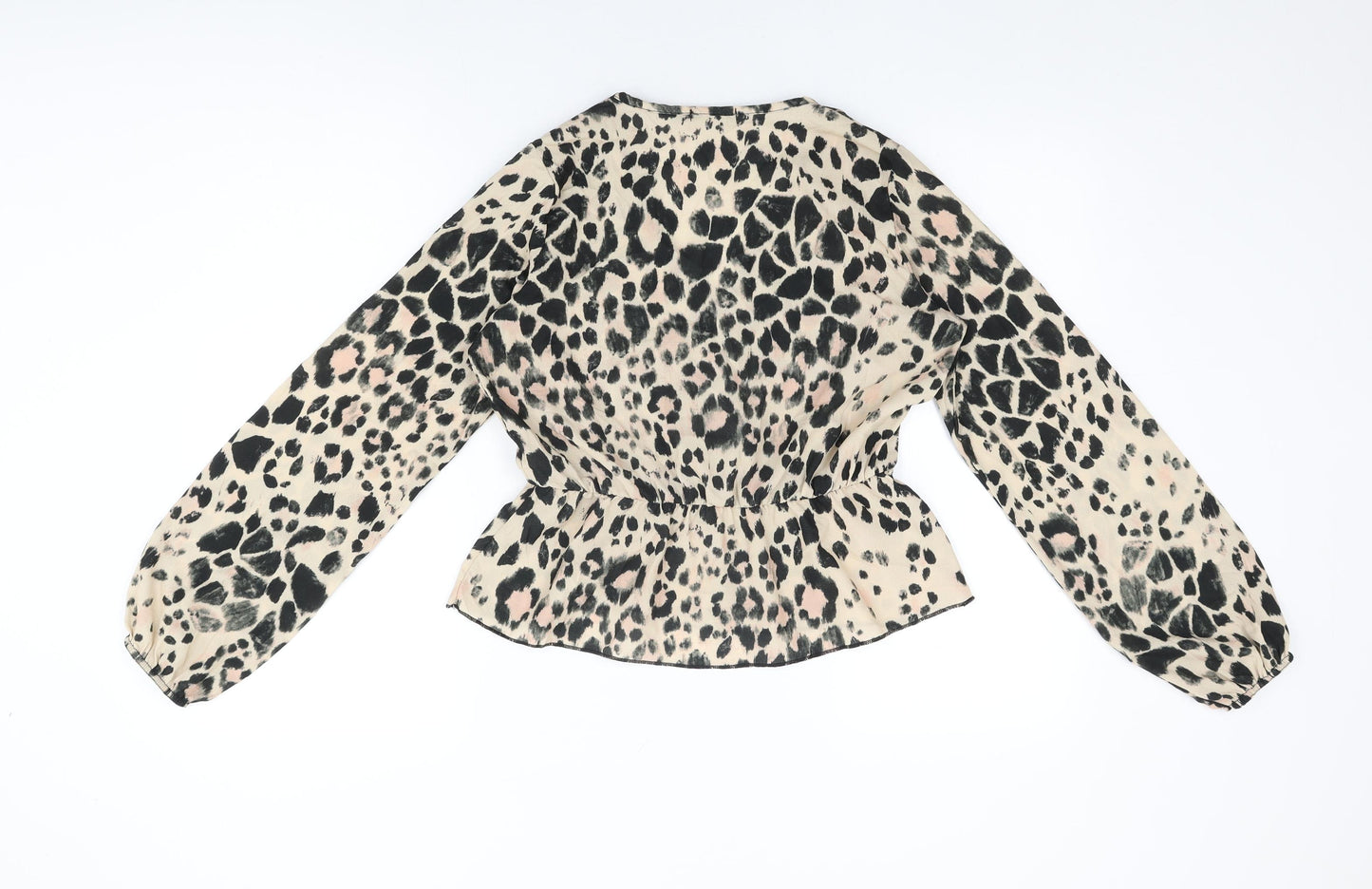 Boohoo Womens Beige Animal Print Polyester Wrap Blouse Size 8 V-Neck - Leopard Print