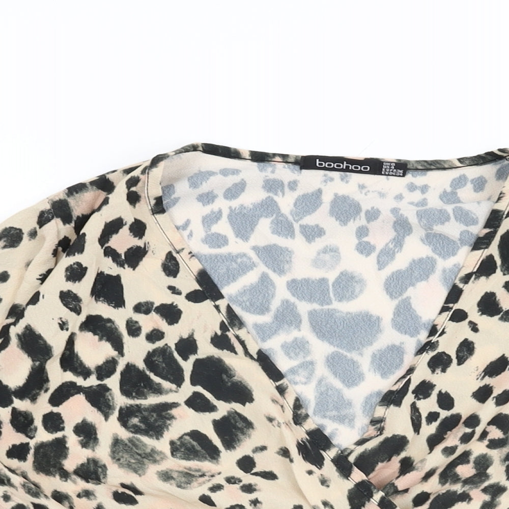 Boohoo Womens Beige Animal Print Polyester Wrap Blouse Size 8 V-Neck - Leopard Print