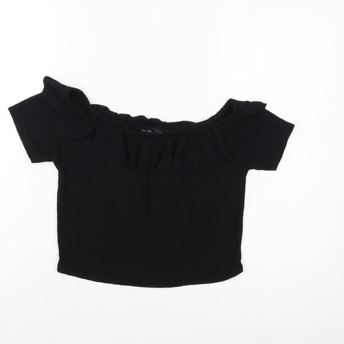 Zara Womens Black Polyester Cropped Blouse Size L Round Neck