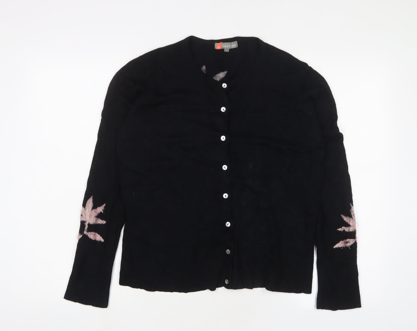 Gharani Strok Womens Black Crew Neck Floral Viscose Cardigan Jumper Size L