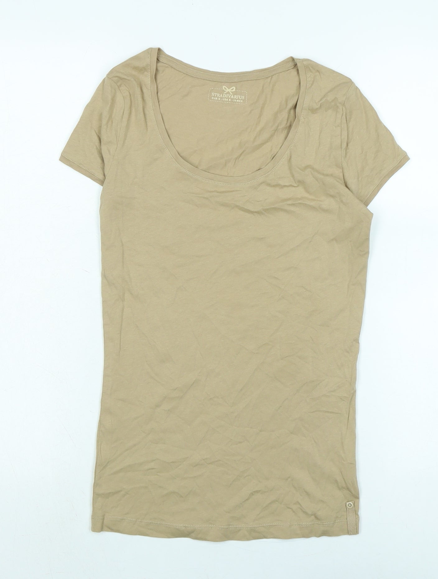 Stradivarius Womens Beige Cotton Basic T-Shirt Size S Scoop Neck