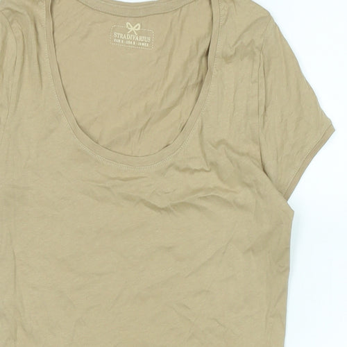 Stradivarius Womens Beige Cotton Basic T-Shirt Size S Scoop Neck